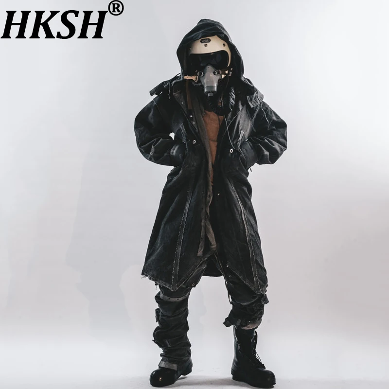 

HKSH Autumn Winter New Men's Dark Waste Land Style Cold-Dye Washed Frayed Hat Detachable Hooded Knee-length Jacket Coats HK14864