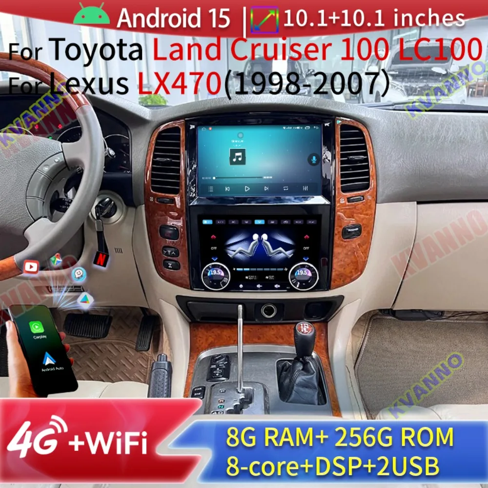 Android15 Car Dual Screen For Toyota Land Cruiser 100 LC100 Lexus LX470 1998-2007 Car Multimedia+air Conditioning Control System