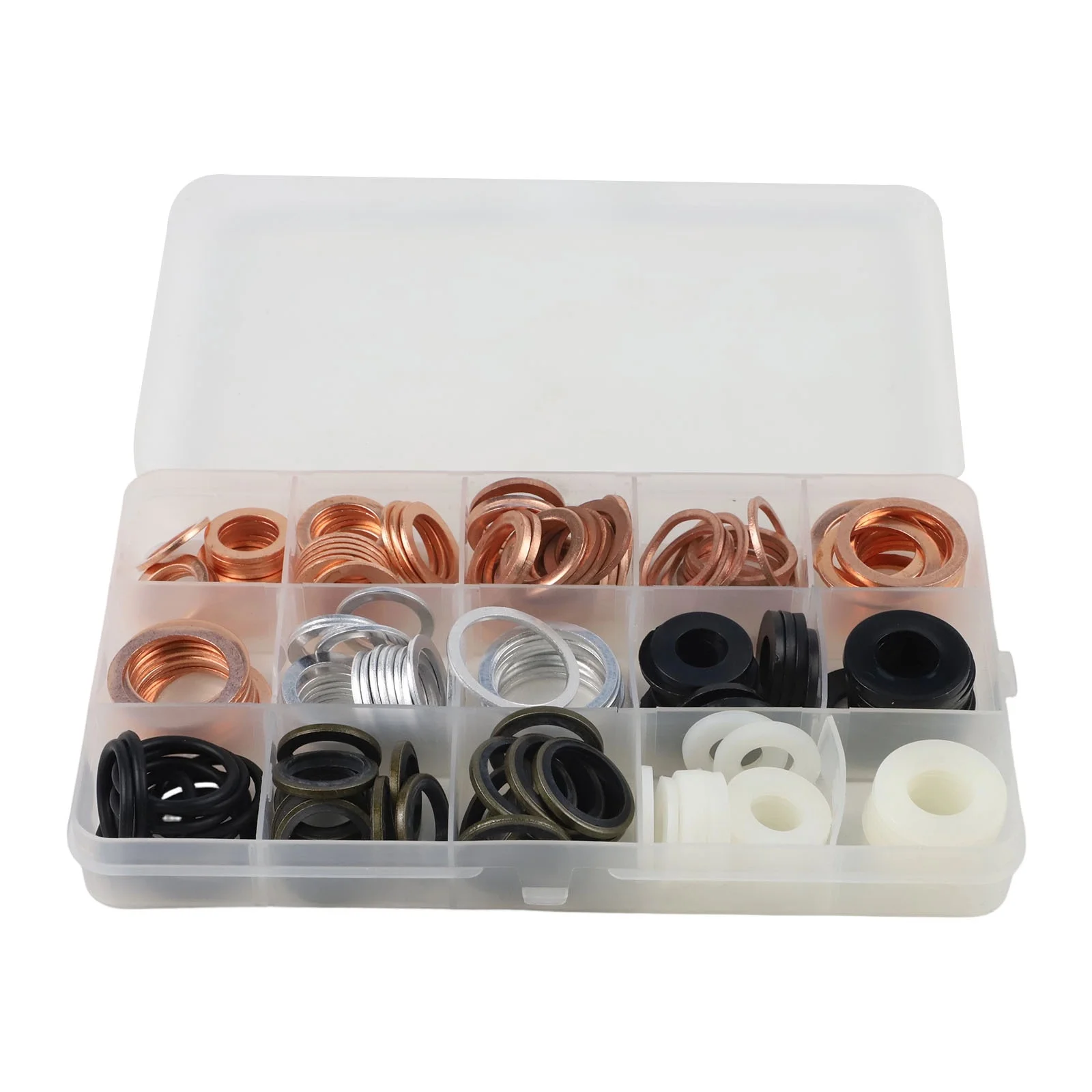 190 piece copper mixed gasket assortment boxed for use with screws nuts bolts in automotive and marine applications