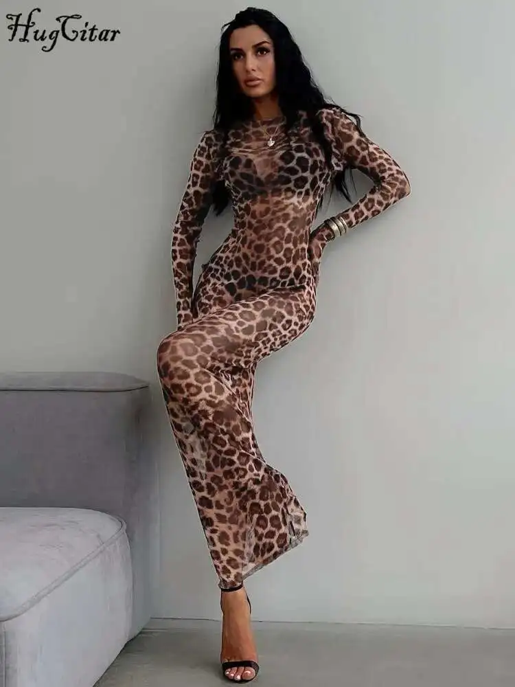 Huitar 2024 imprimé léopard maille à manches longues Sexy mince voir à travers Maxi robe automne femmes mode tenues plage vacances Club