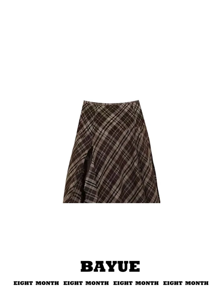 Long A-Line Midi Skirt Plaid Flocking Anti-Wrinkle Wear-Resistant Easy Care Asymmetrical Hem Tassel Vintage Style Women's Skirt
