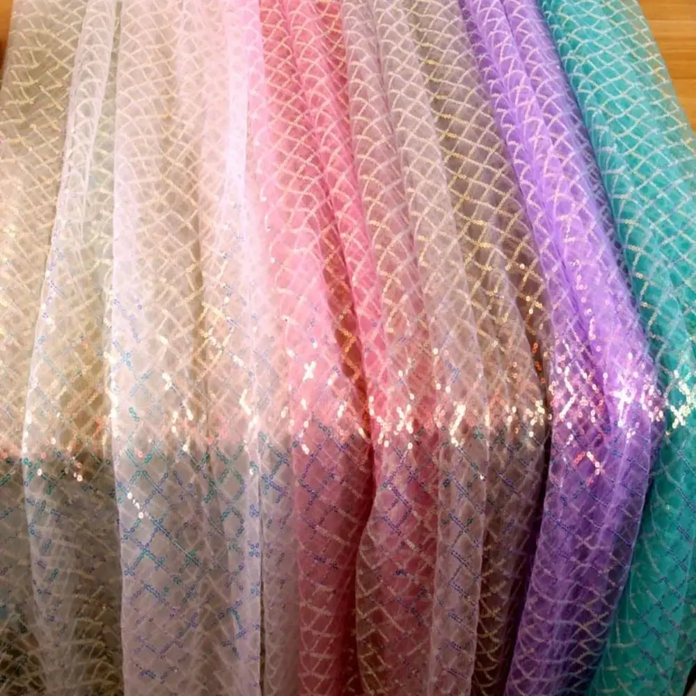 

DIY PVC Sequin Mesh Fabric Colorful Polyester Grid Sequin Fabric Mesh Texture Sequined Baund Material Stage Performance
