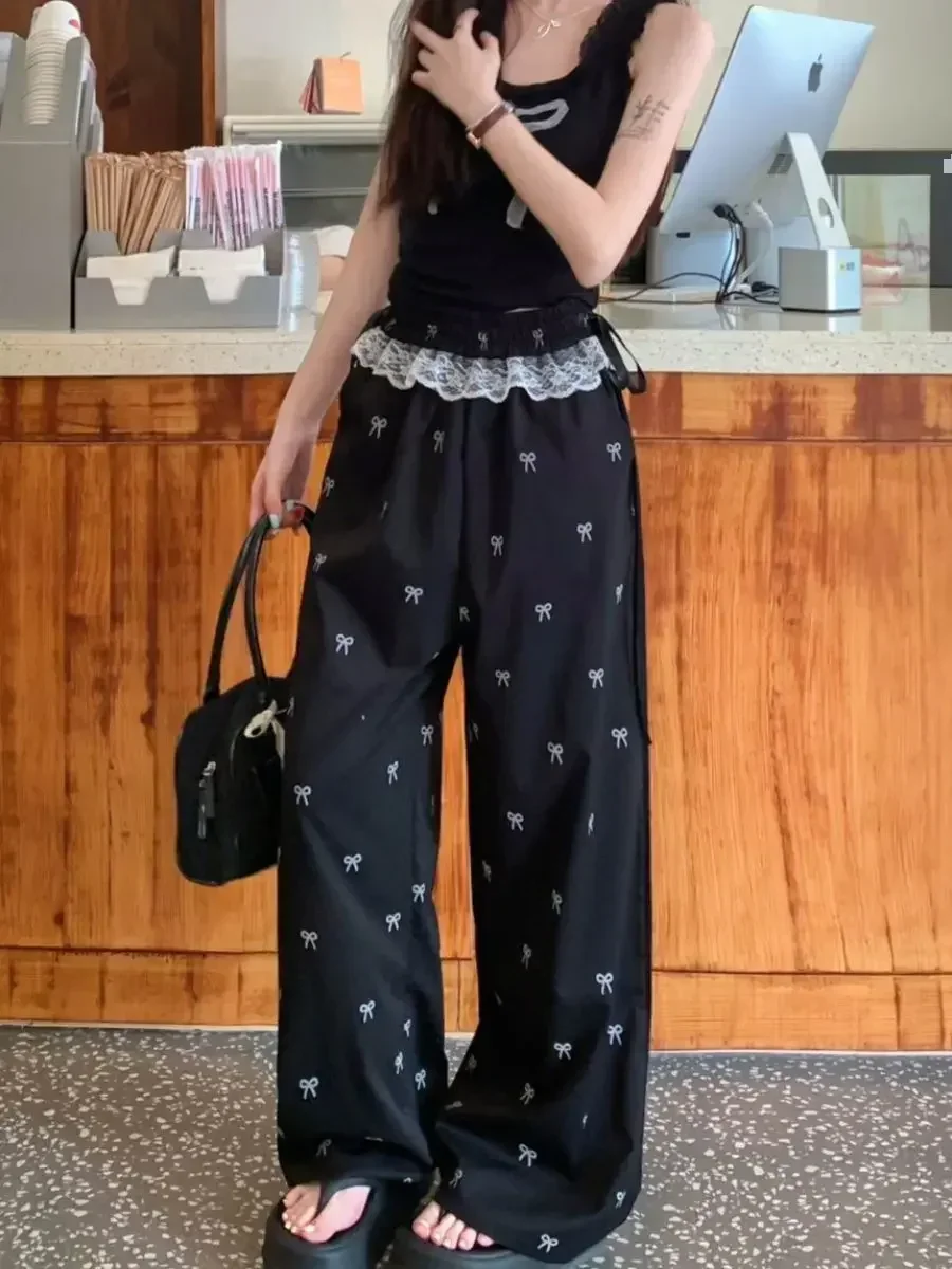 College Chic Cute Bow Knot Full Printed Pants White Lace Patchwork Sweet Ladies Casual Trousers Summer Loose Straight Long Pants