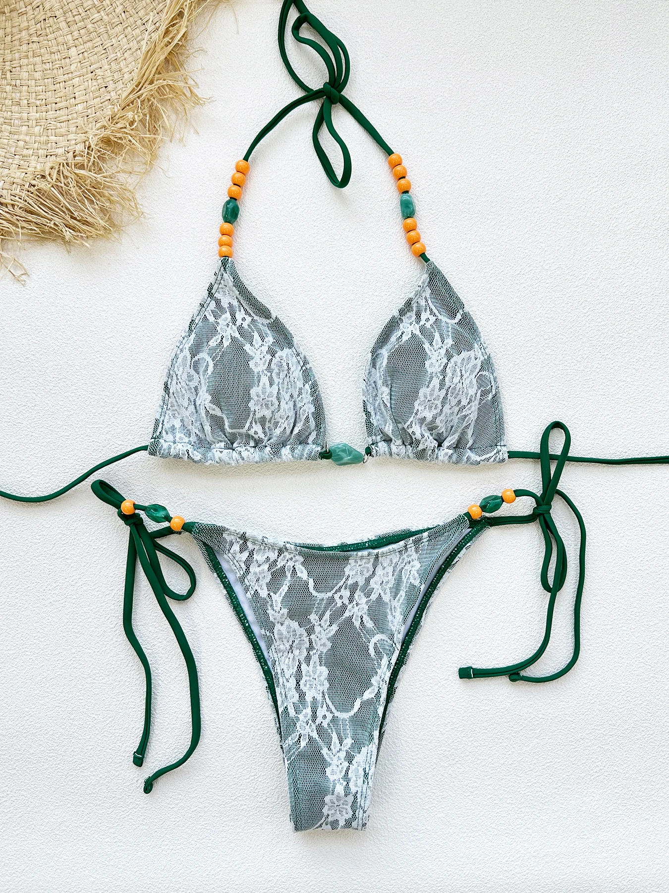 

Новинка 2026: Женский купальник-бикини с бисером и кружевом, сексуальный бразильский комплект, однотонный пляжный костюм с лямкой через шею, женское бикини