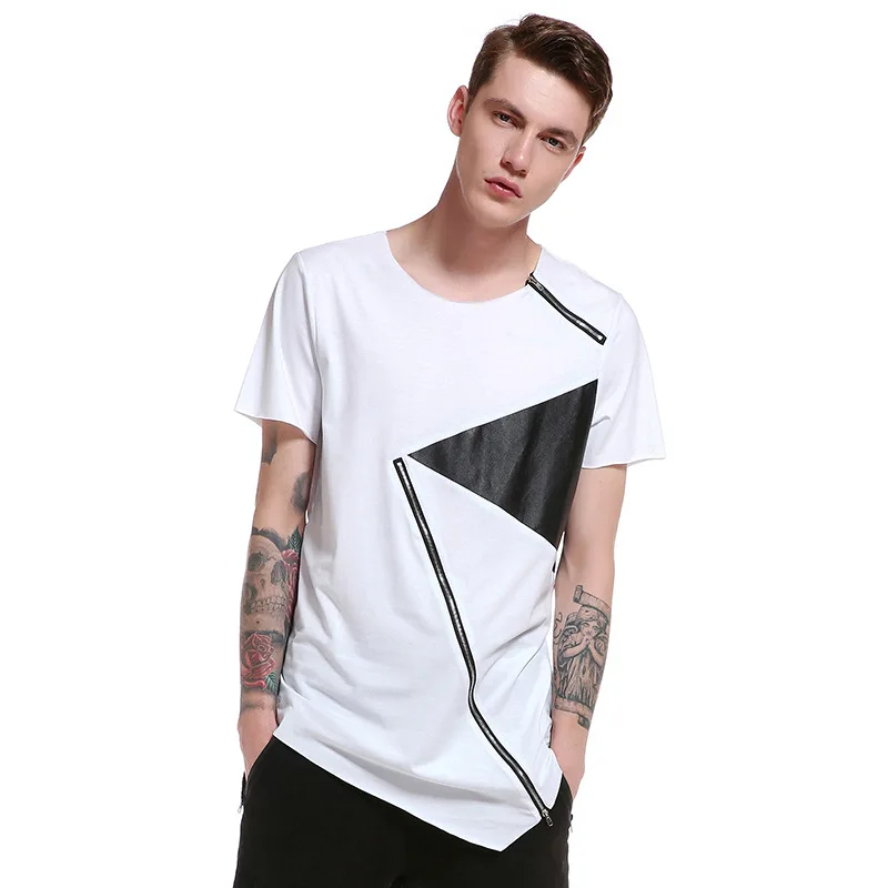 T Shirt Men 2018 Personality tailoring Long Patchwork Leather Zipper T-shirt Men Hiphop Short Sleeve Longline Casual Top Tee