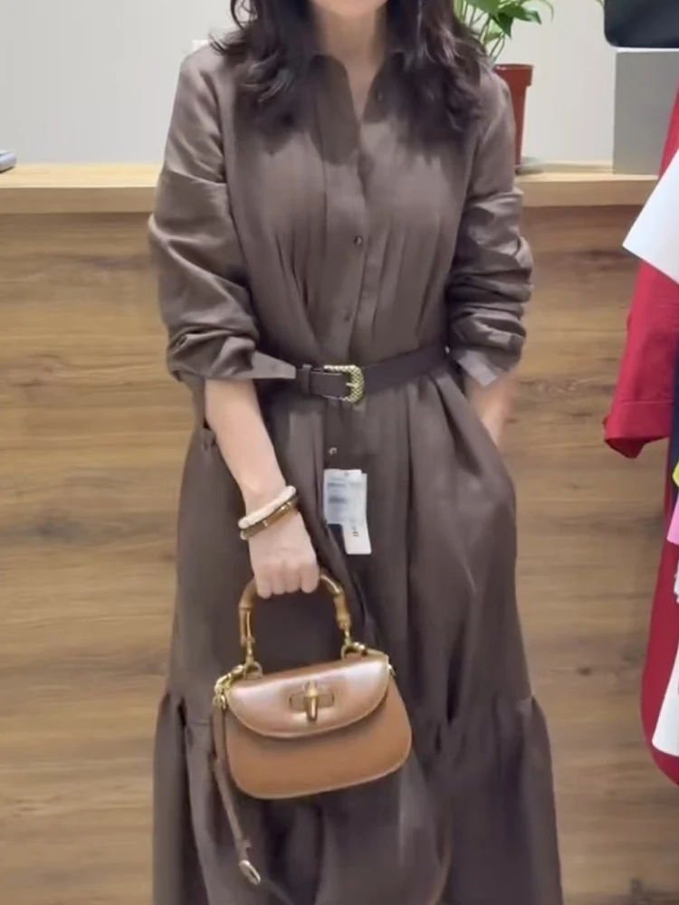 Autumn New Long Sleeve Loose Pleated Dresses Vintage Lapel Single Breasted Shirt Dress Elegant Pocket Solid Color Commute Dress