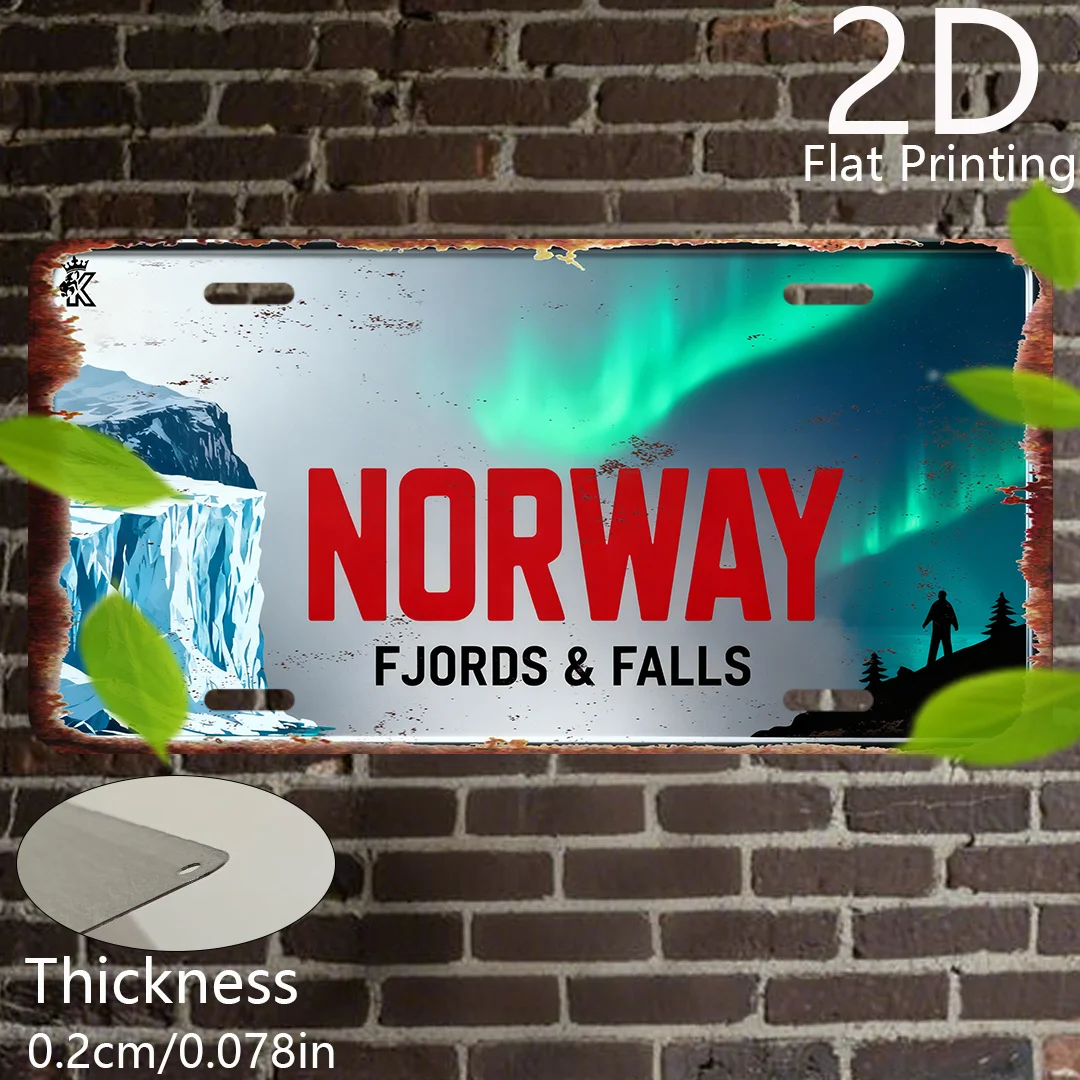 2D retro aluminum license plate for Norwegian fjord waterfall with aurora and glacier design, frameless metal sign