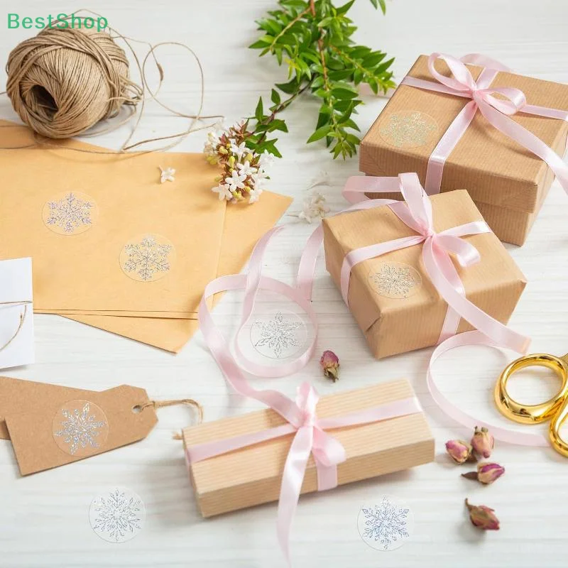 ♥ 500 * рулоны наклеек со снежинками из золотой фольги, прозрачные голографические рождественские этикетки, круглые самоклеящиеся рождественские зимние наклейки на конверты