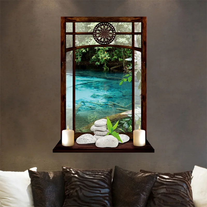 Garden Moonlight Aesthetic Rooms Window Art Green Plants Clear Water Scenery Vinyl Wall Stickers Removable for Home Decoration