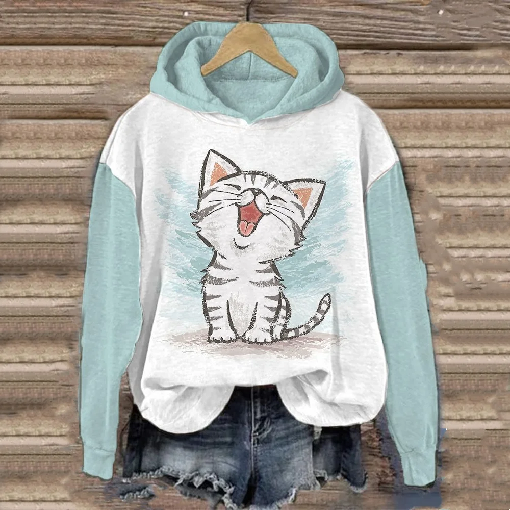 Women\'s Hoodies Funny Kawaii Cat Animals Printed Hoodie For Men Sweatshirts Female Clothes Casual Long Sleeve Unisex Pullovers