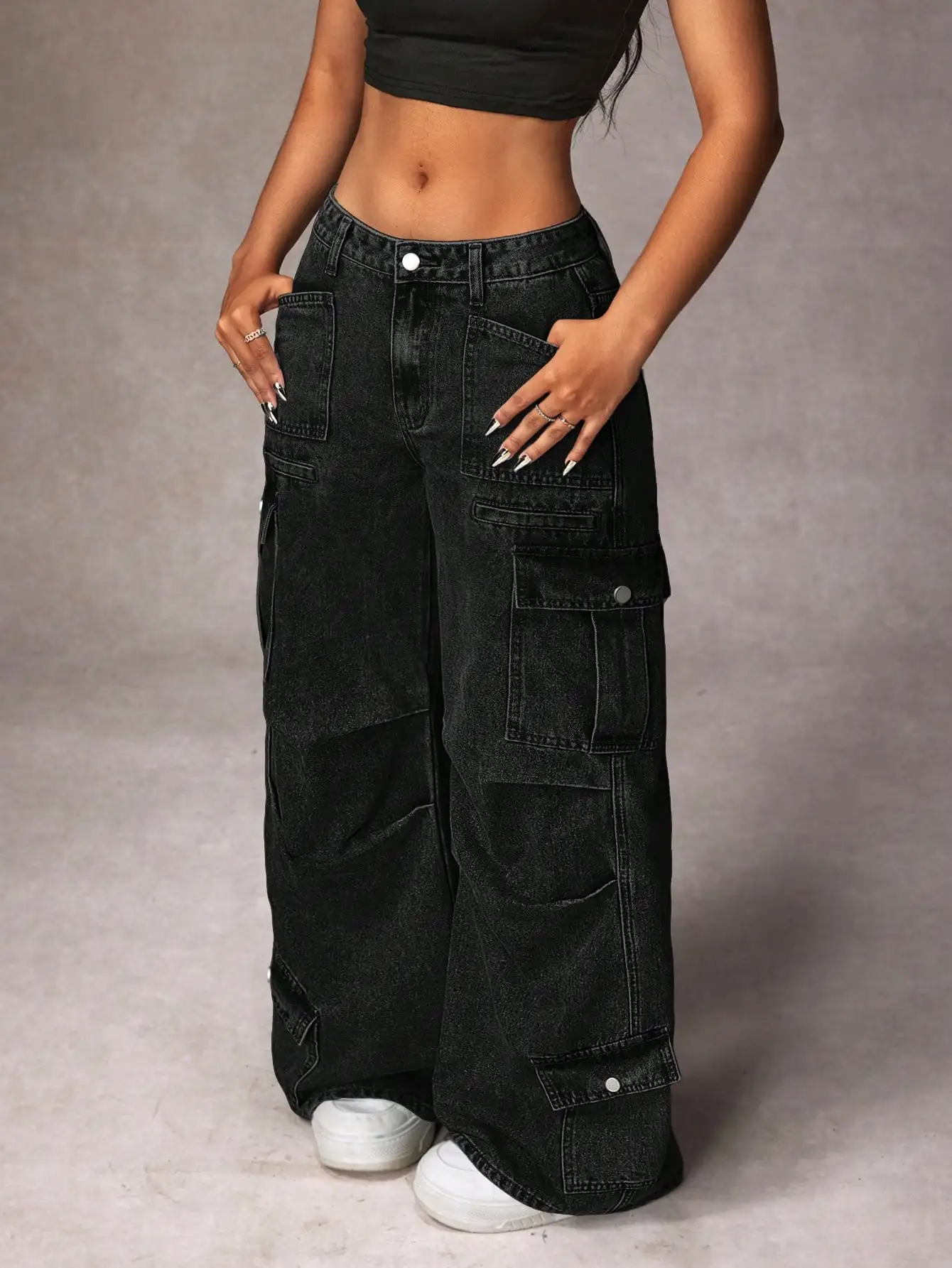 

Женские черные широкие джинсовые брюки-карго с множеством карманов, в повседневном уличном стиле