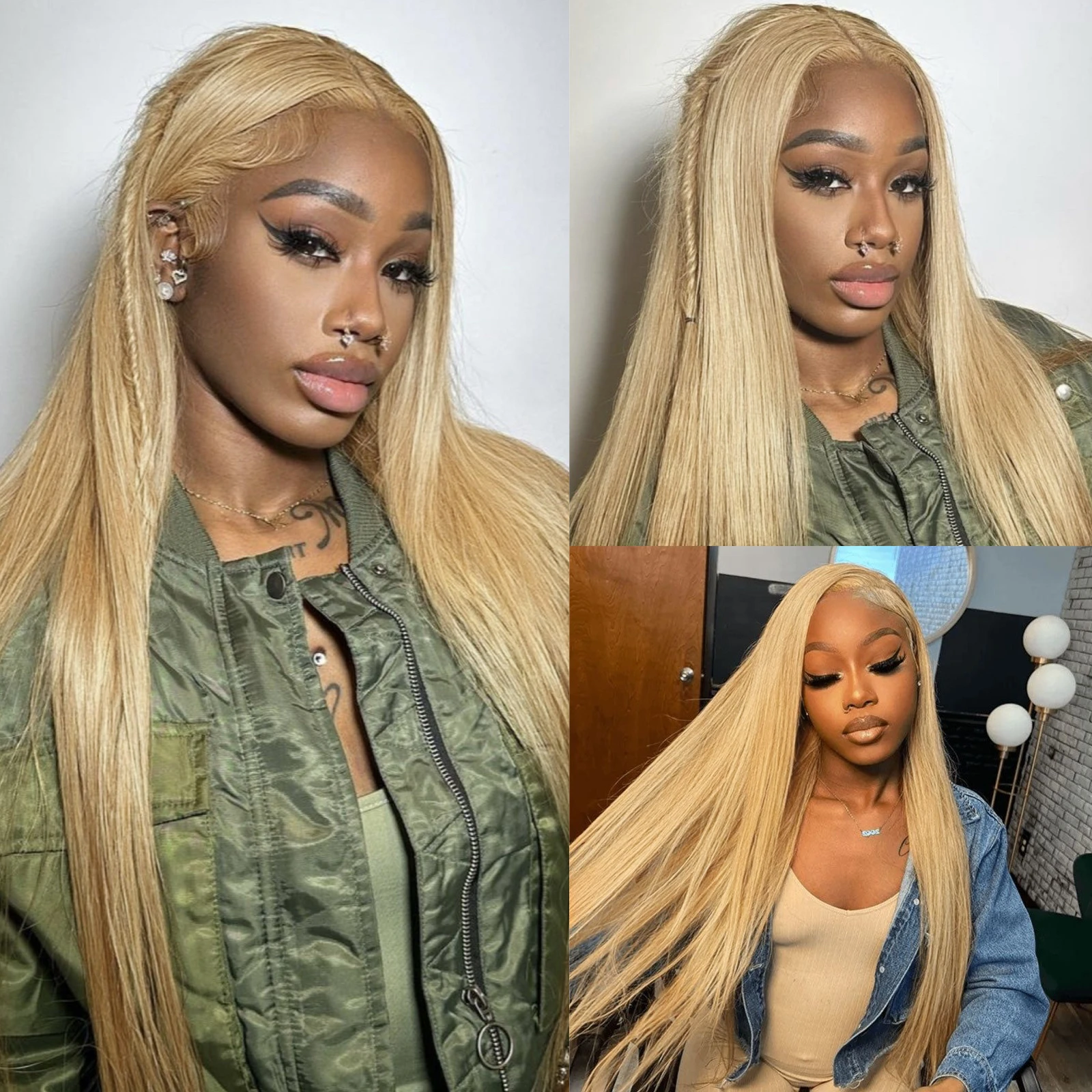 Blonde Wig Highlights Long Straight Synthetic Lace Front Wig Honey Blonde Colored Hair 13X4 Frontal Wigs for Women Party Cosplay