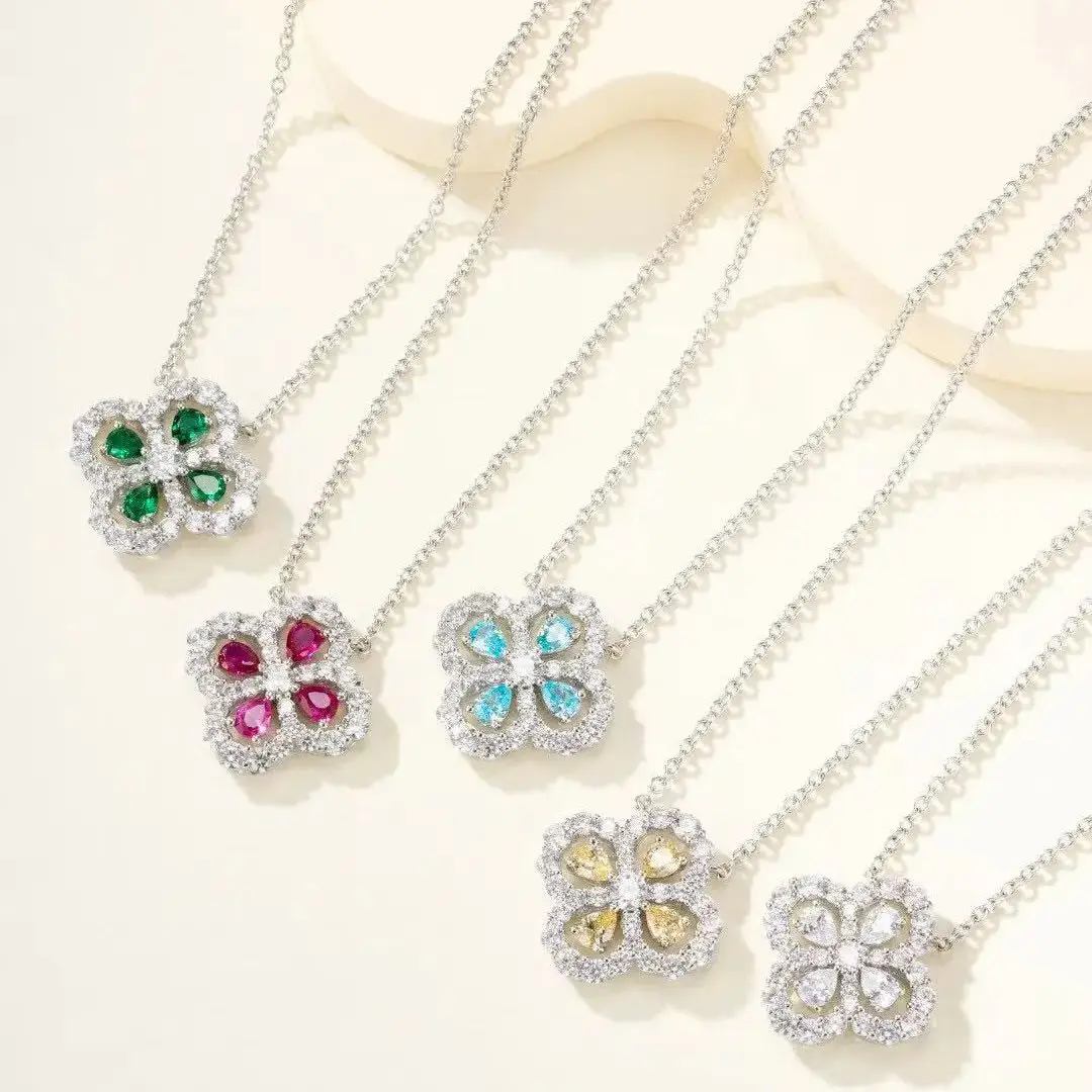 

French style MoissaniteS925 Sterling Silver Hollowed Four-Leaf Clover Necklace Zircon Water Drop High-End Jewelry Birthday Gifts