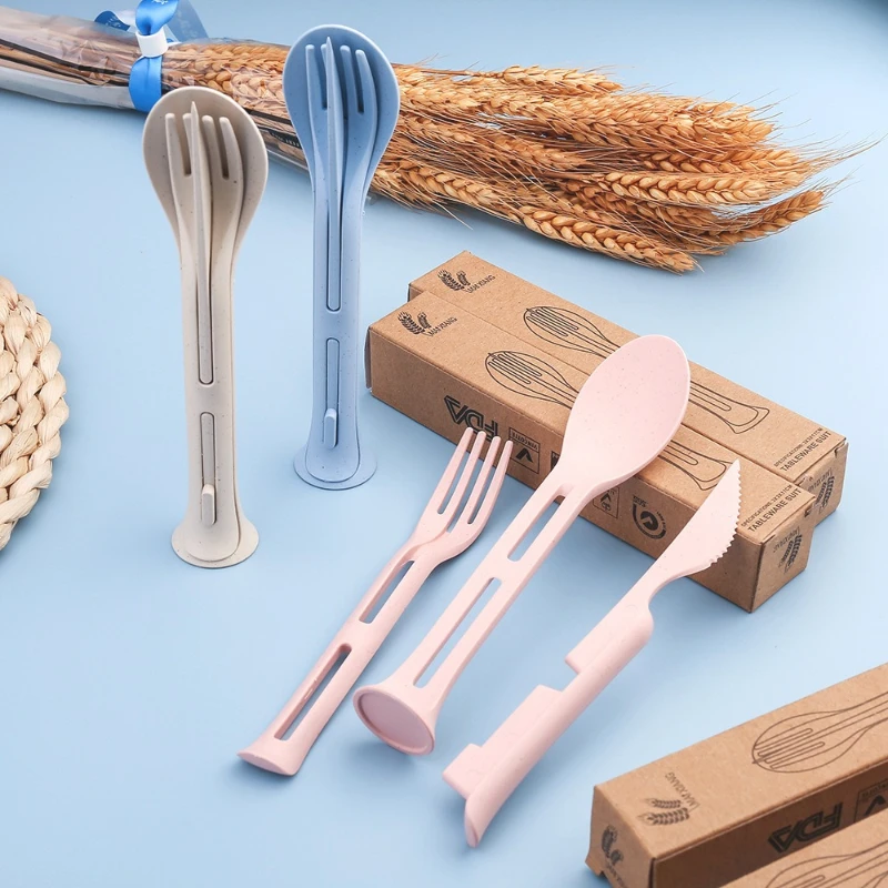 Wheat Straw Children's Knife Fork Spoon 3-in-1 Portable Tableware Set for Students Giftware