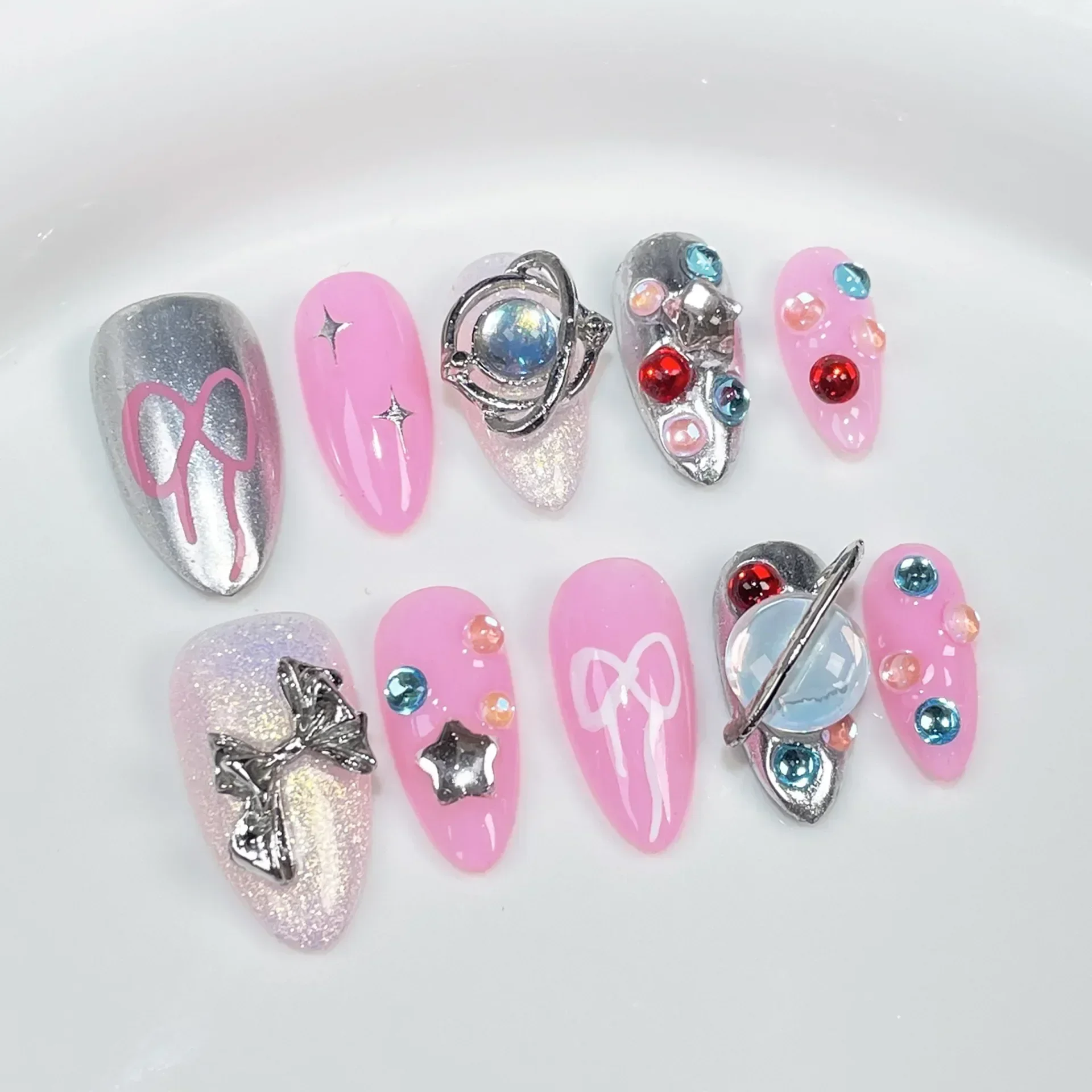 10Pcs Short Almond Handmade Press on Nails Pink Fake Nails with Bow Decoration Wearable Stick-on Nails False Nail Uñas Postizas