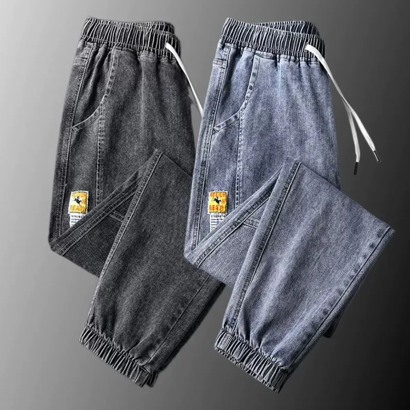 Men's Casual Loose Fit Work Jeans Spring Autumn Wear Resistant Cotton Trousers Youth Popular Style Drawstring Waist