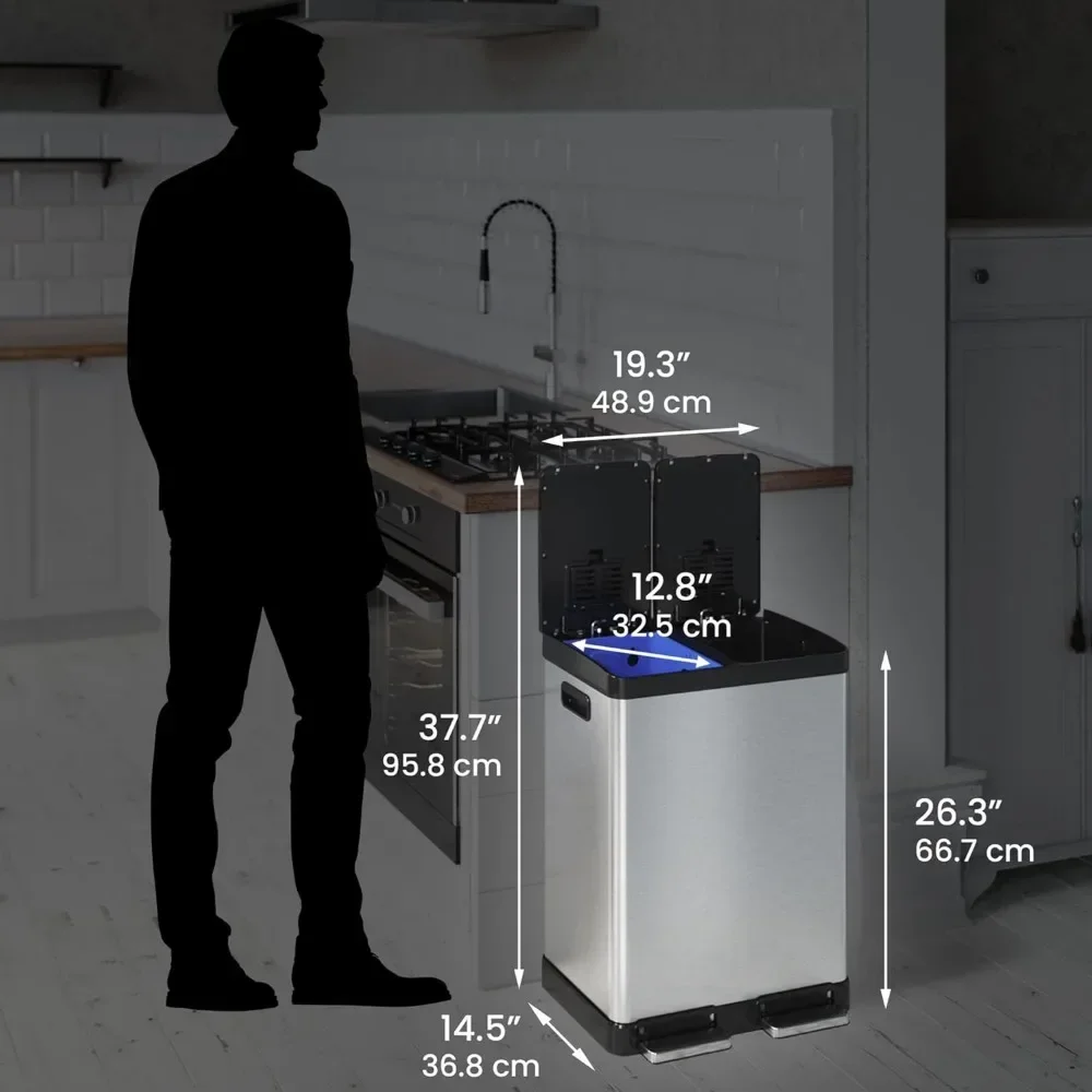 Lixeira de cozinha com degrau duplo e lixeira de reciclagem, aço inoxidável, inclui balde interno removível de 2 x 8 galões (30L)