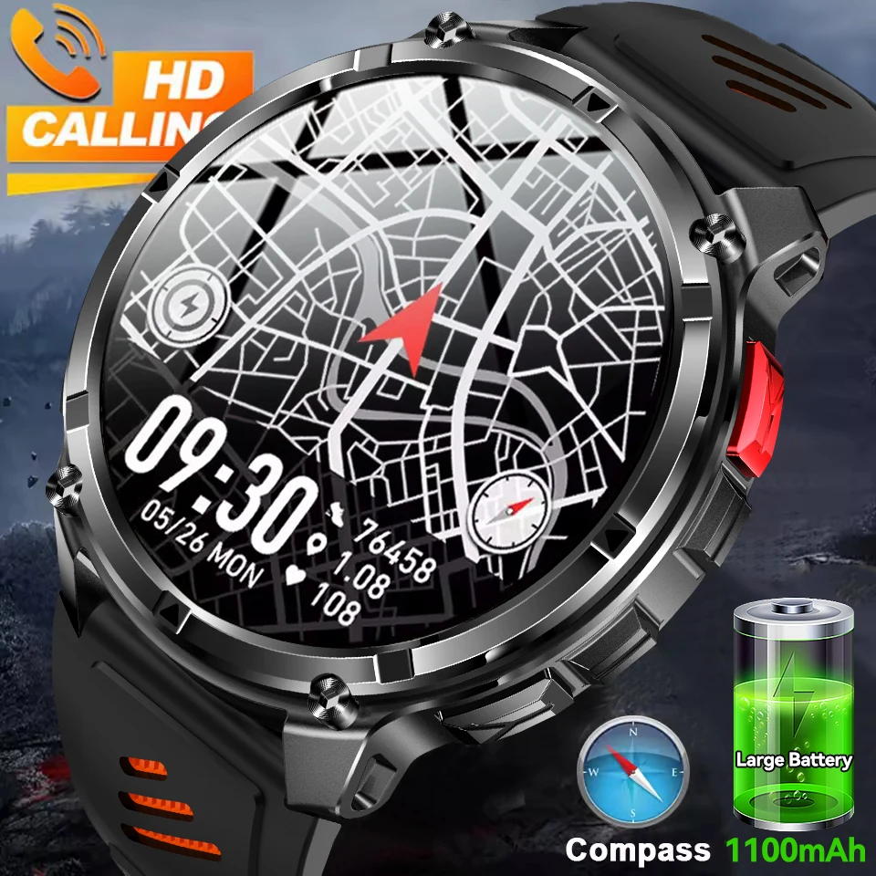 

Военные уличные умные часы с аккумулятором супер емкостью 1100 мАч, мужские 1,7-дюймовый экран, компас, Bluetooth-вызов, 5 атм, водонепроницаемые умные часы