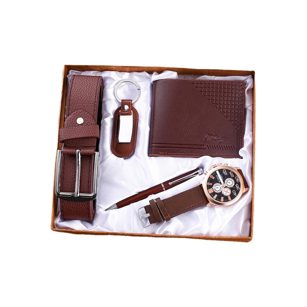 

New 5Pcs/Set Fashion Mens Watches Set Gift Box Luxury Belt Wallet Keychain Pen Quartz Watch for Men Waterproof Male Clock Gifts