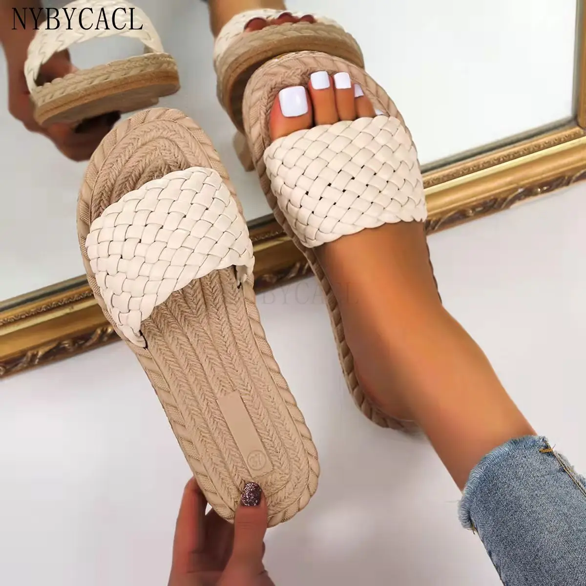 Minimalist Women Slide Sandals Beach Hemp Rope Slides Espadrille Flip Flops Straw flat base shoe sole Weave a ribbon New 2022