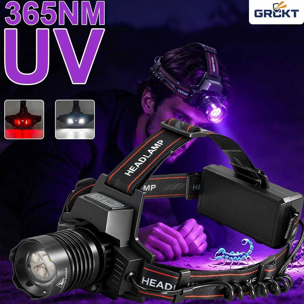 30W 365nm UV Headlamp Scorpion Black light High Power Ultraviolet LED Head Lantern Usb Rechargeable Headlight Outdoor Flashlight