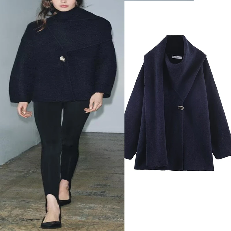 

Women's Navy Blue Oversized Wool Coat with Detachable Scarf, Single Button Lapel Collar Winter Outerwear