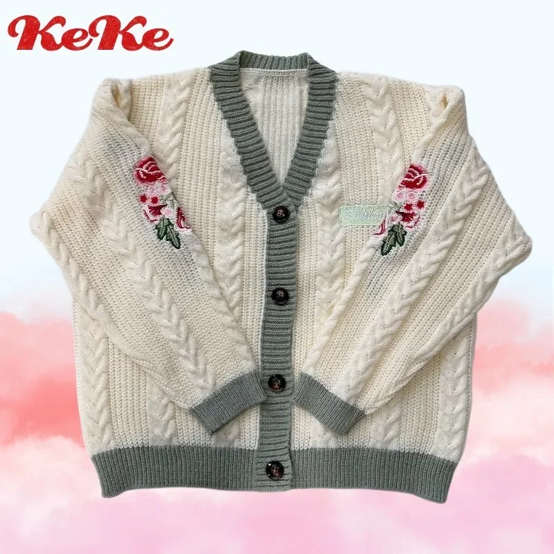 

Flower Embroidery Cardigan Sweater Women Beige All-match Warm Women's Clothing Winter Single Breasted V-neck Knitted Cardigans