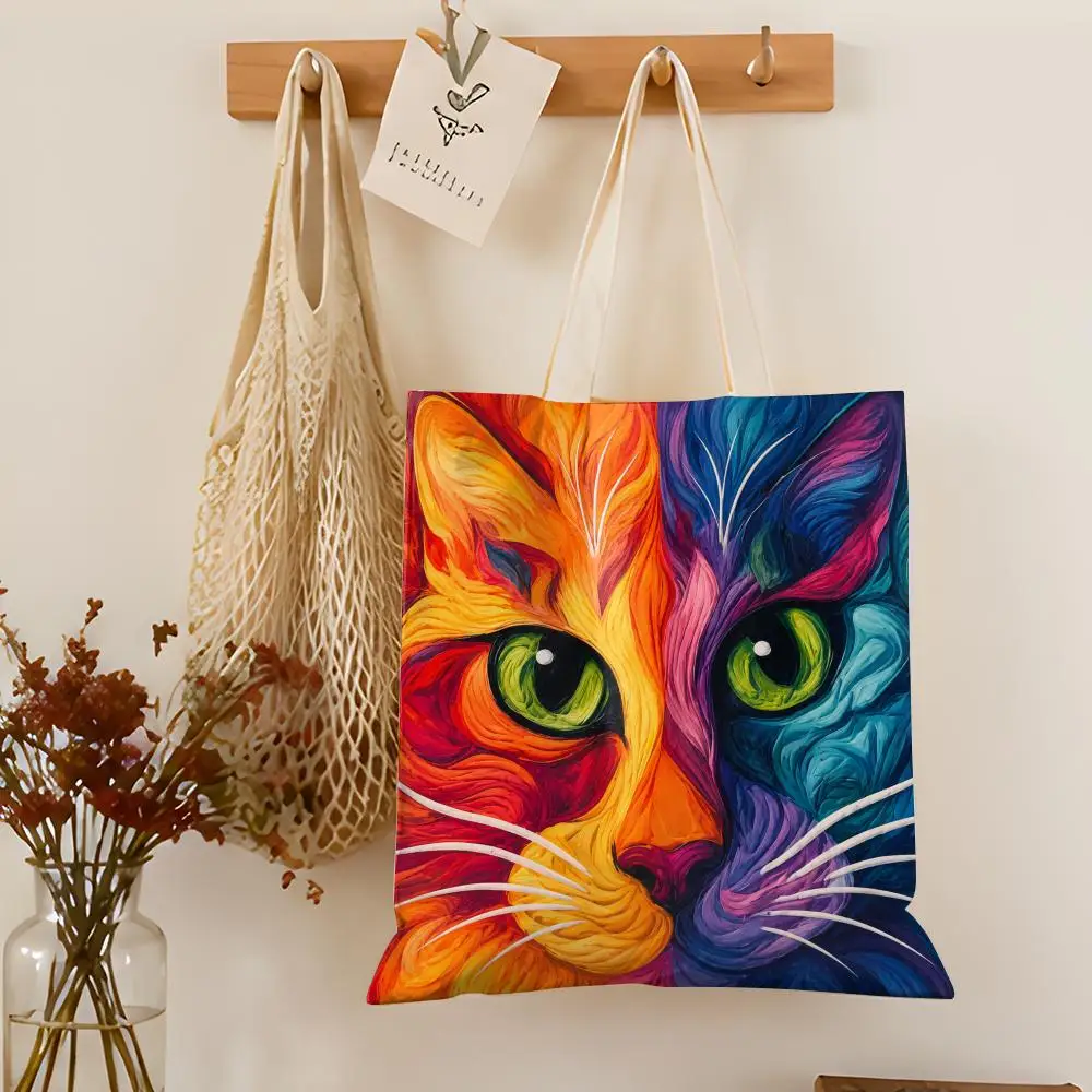 Light and Dark Animals Storage Bags Double-Sided Printed Canvas Tote Bag Eco-Friendly Reusable Large Capacity Handbag