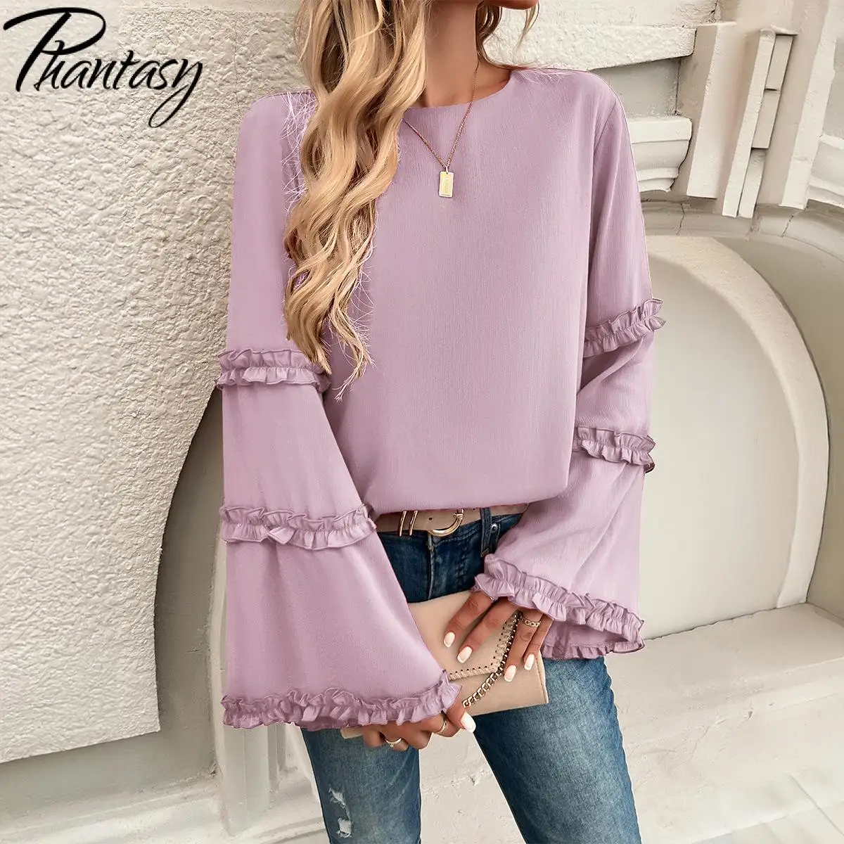 Phantasy Autumn Blouse Women Loose Pagoda Sleeve Shirt Elegant Office Lady Tops Solid Fashion Streetwear Women 2024 New Shirt