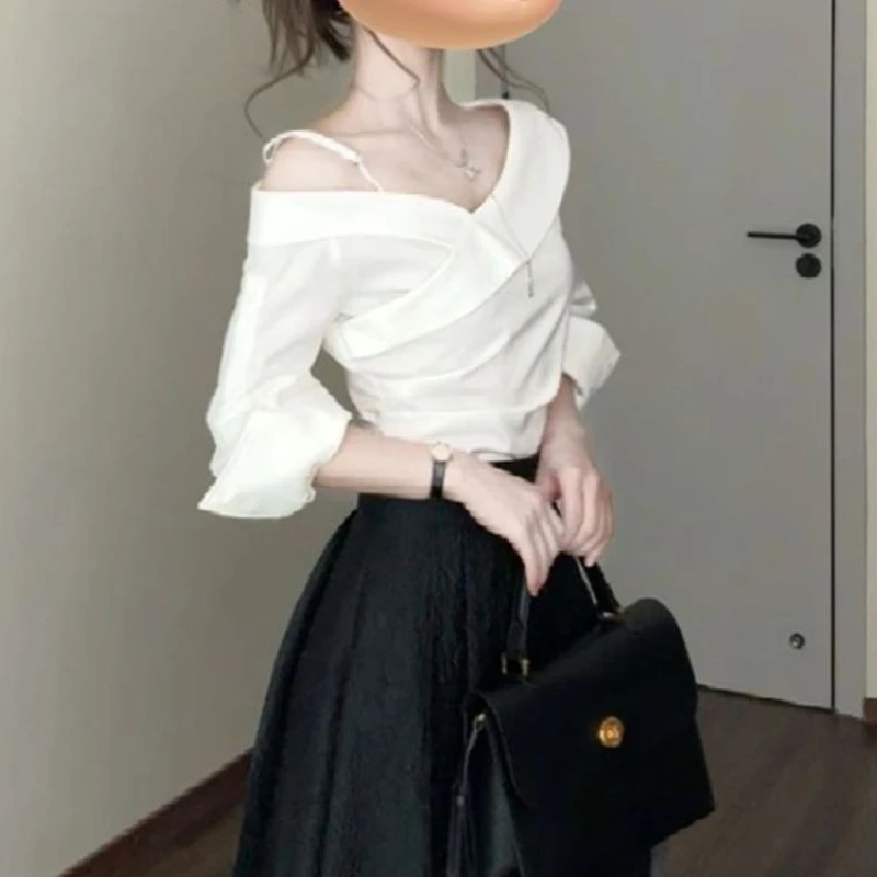 Korean Design Sense, Niche White One-shoulder Shirt Top, Black Umbrella Skirt, Mid-lengt  Temperament Two-piece Set for Summer