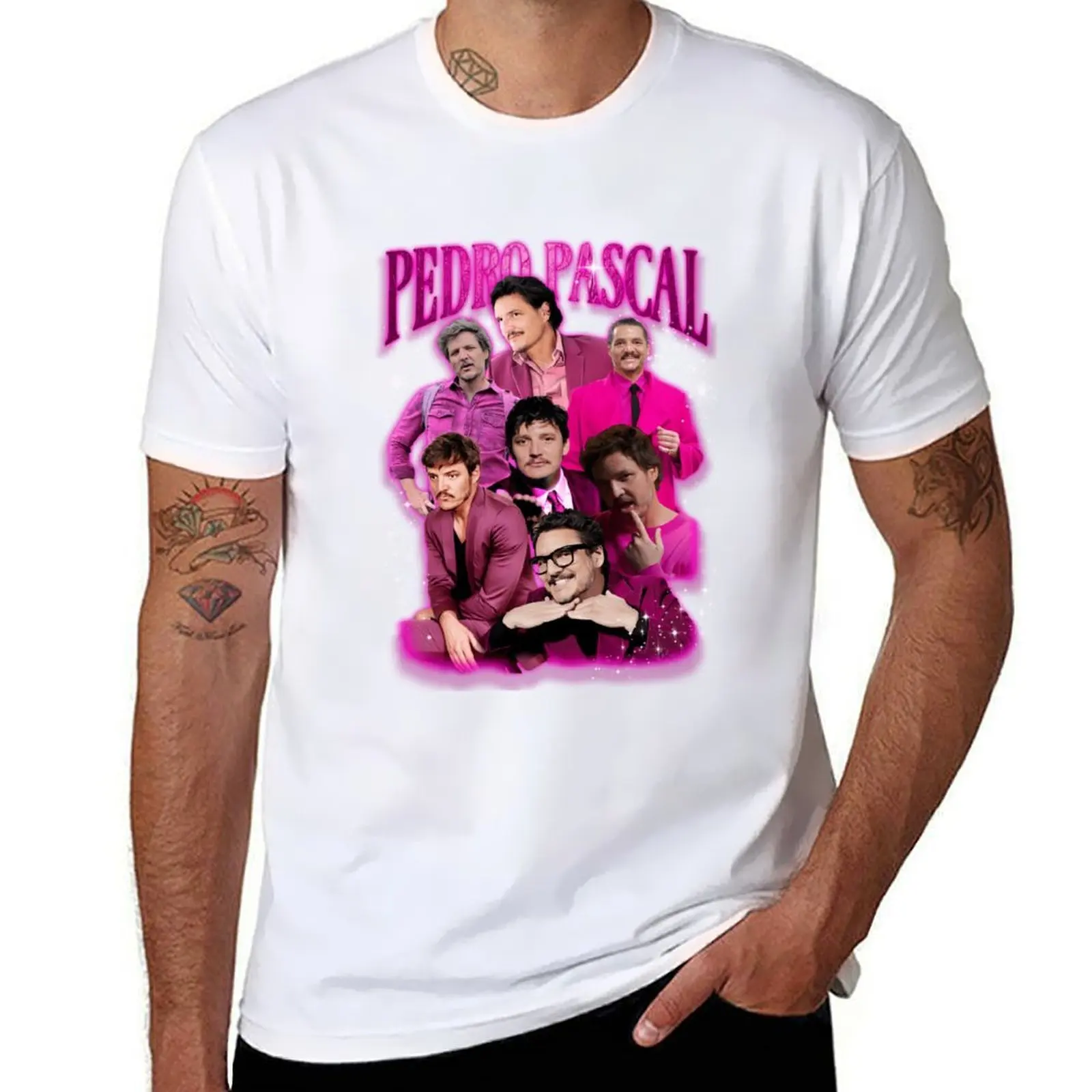 

Pedro Pascal In Pink T-Shirt anime tshirt man t shirts for men casual T-Shirt