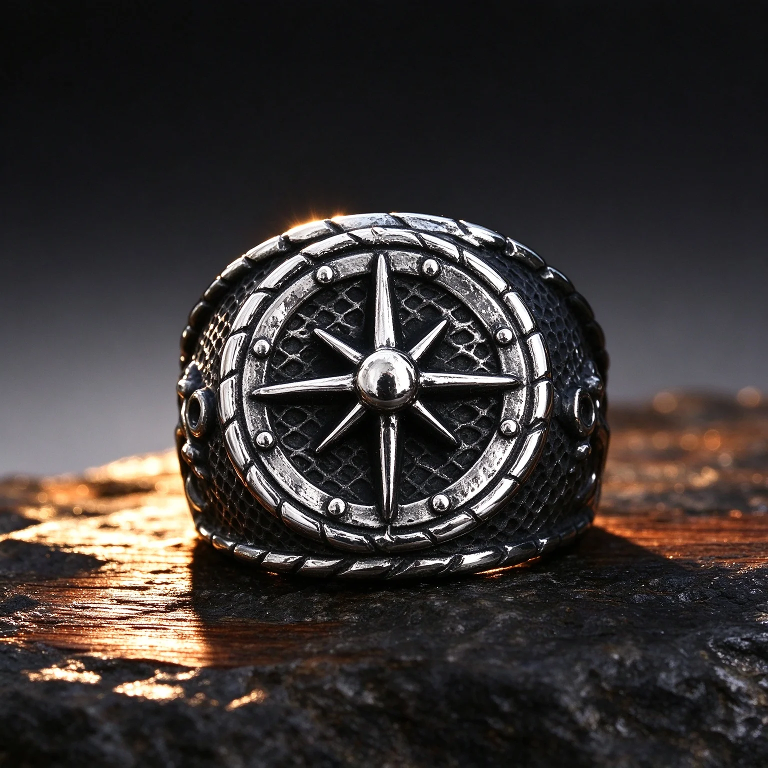Men's Nautical Compass Signet Ring Antiqued Stainless Steel Viking Navigation Ring Pirate Anchor Wheel Biker Jewelry Gift