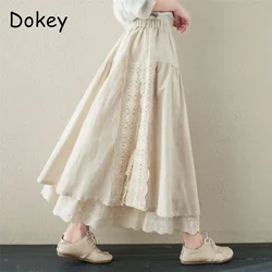 Japanese Mori Girl Embroidery Lace Cotton Linen Skirts Women Summer Vintage High Waist Casual A-Line Boho Skirts Faldas Mujer