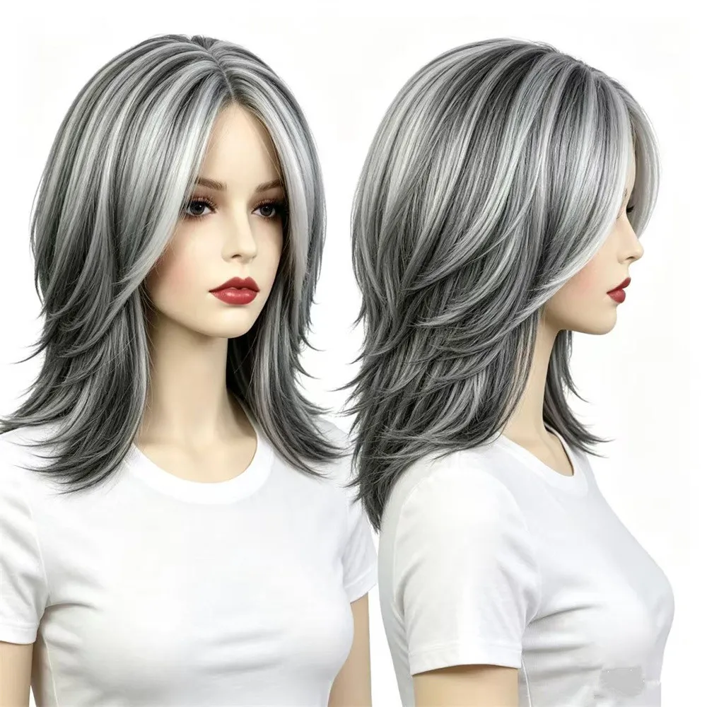 2 Colors Ombre Red Gray Silver Synthetic Wig Women Short Layered Bangs High Temperature Fiber Daily Cosplay Party Wig