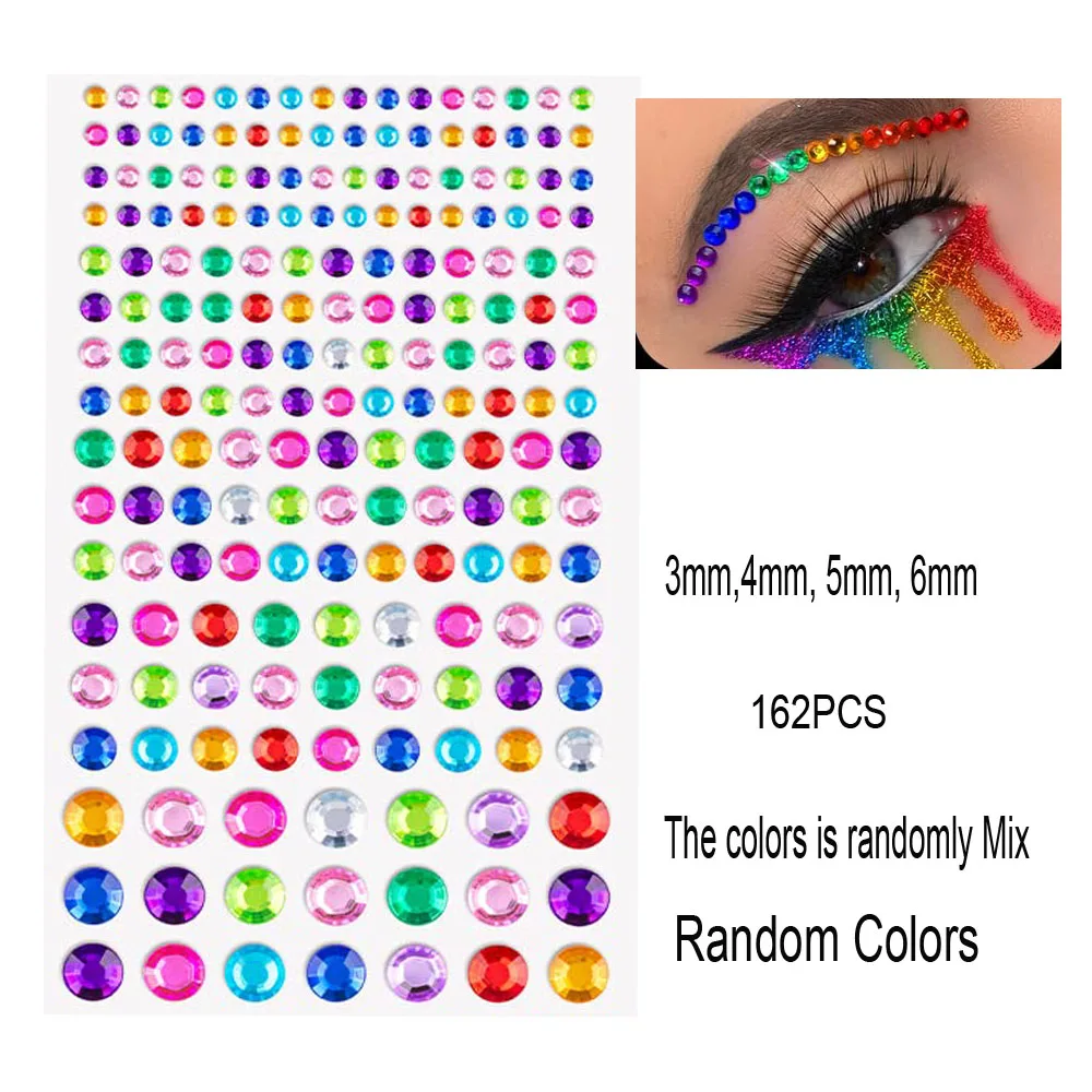 162/216/900 Stück Diamant-Tattoos-Aufkleber für Augen, Gesicht und Körper, 3/4/5/6 mm, farbiges Glitzer-Strass-Tattoo für Party-Make-up, Edelstein-Zubehör