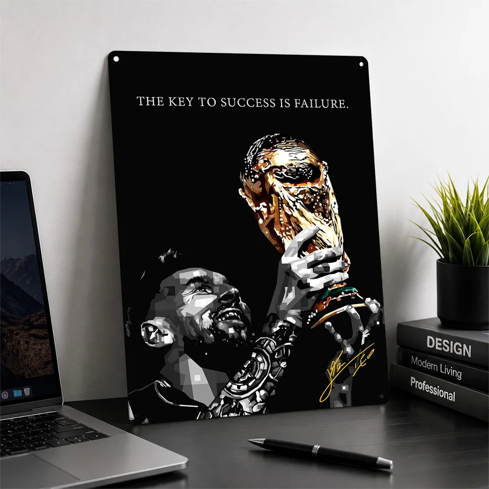 Messi with Trophy Art Poster Athletic Wall Art Personalized Vintage Metal Sign for Sports Room Man Cave Gym Home Decor Fan Gift