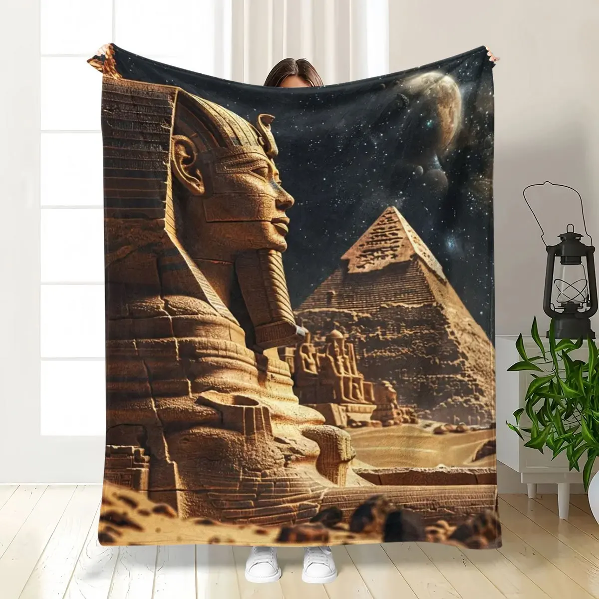 A Majestic Pyramid And Sphinx Design Under The Starry Sky, Ultra-Soft Flannel Blanket - Featuring Animal Motifs - Perfect for Na