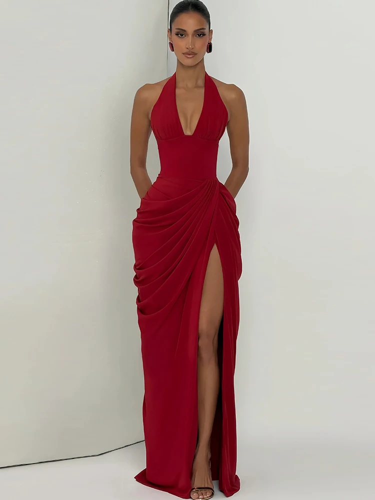 Nibber Elegantes Rückenfreies Kleid für Bankette und Partys, Sexy Mode mit Neckholder, Tiefem V-Ausschnitt, Gerafftem Patchwork und Hohem Schlitz, Schlichtes Bodycon-Kleid – Detail 11