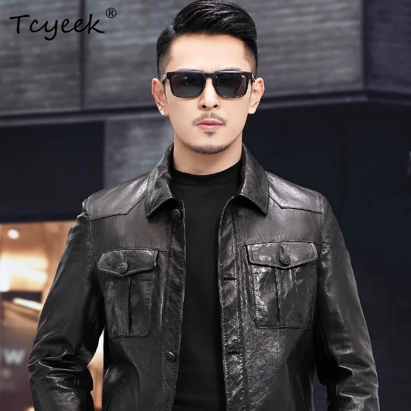

Tcyeek Goatskin Male Goat Oil Wax Leather New Lapel Motorcycle Spring and Autumn Jacket Trend Thin Slim Fit Leather Jacket Męska