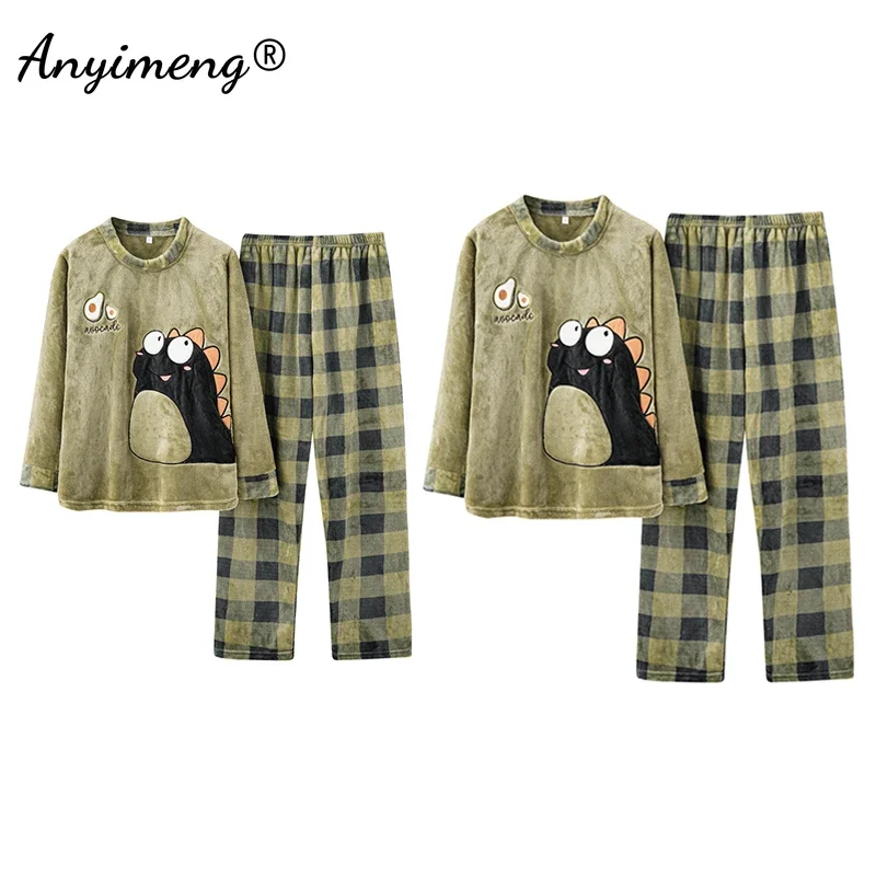 Plus Size Cute Monster Pajamas Set for Couple Fashion Homewear for Women Pullover Flannel Winter Thick Preppy Sleepwear for Men