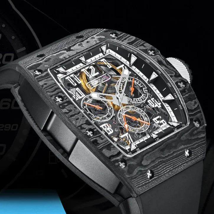 CRONUSART Men Chronograph Watch 50mm Tonneau Automatic Mechanical Wristwatch Carbon Fibre Case Luminous Skeleton Dial