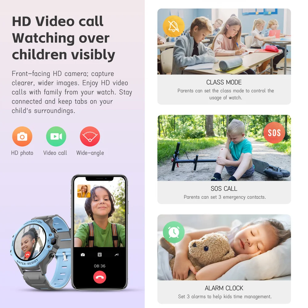 Relógio inteligente impermeável para crianças, 4G Phone, GPS, LBS, WIFI, localização, SOS, videochamada, monitor remoto, IP67, relógio, crianças, 2024
