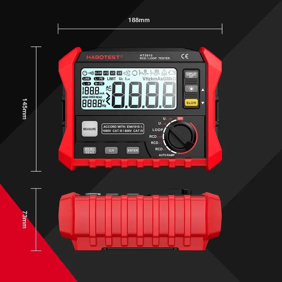 HT5910 leakage current switch/RCD/circuit tester, LCD digital resistance meter, 1000 data storage voltmeter, megohmmeter