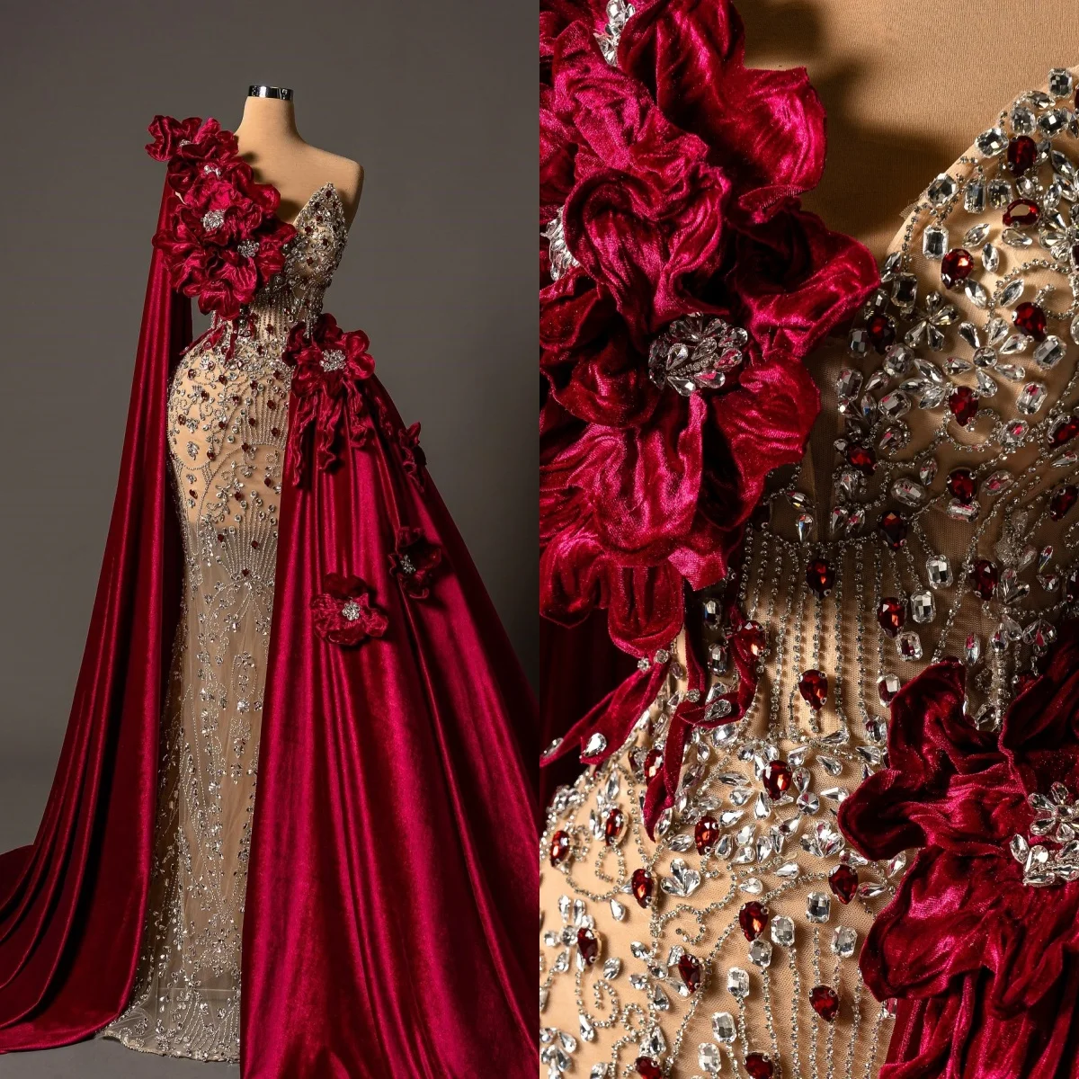 

Изысканные вечерние платья с кристаллами на одно плечо, расшитое бисером платье для выпускного вечера со съемным шлейфом, иллюзия Русалка, индивидуальное платье Vestidos De Noche