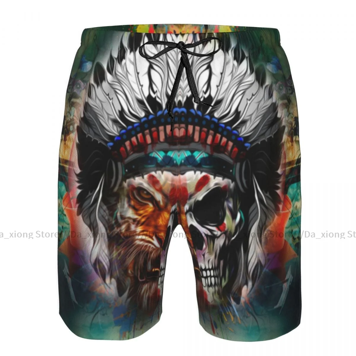 Man Swimwear Tiger With Half Of Human Skull Swim Shorts Trunks Beach Board Shorts Swimming Swimsuits