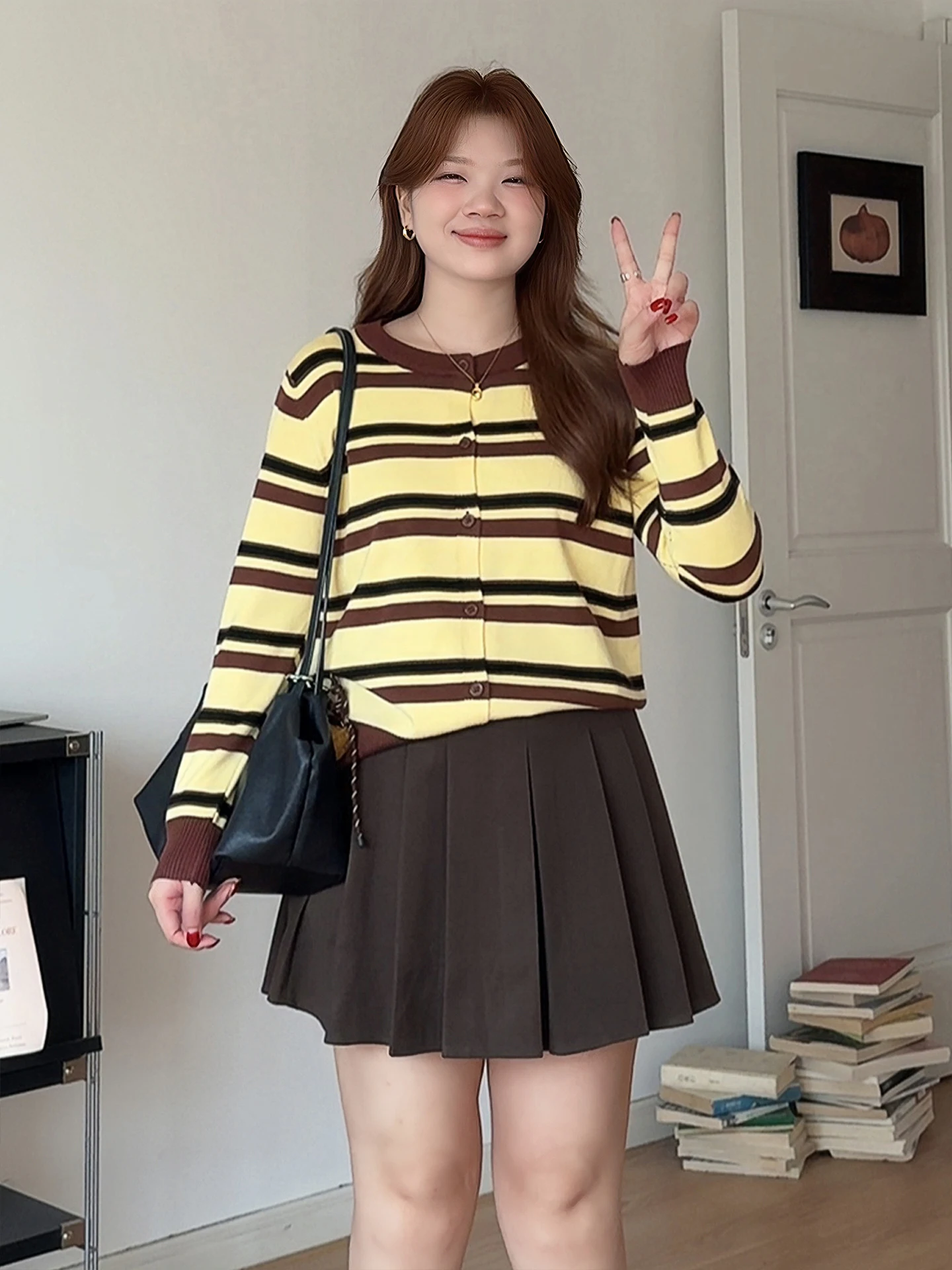 

Вязаный кардиган больших размеров в полоску, повседневный, осенне-зимний, в корейском стиле, женская модная повседневная одежда больших размеров, Meow Meow Sle