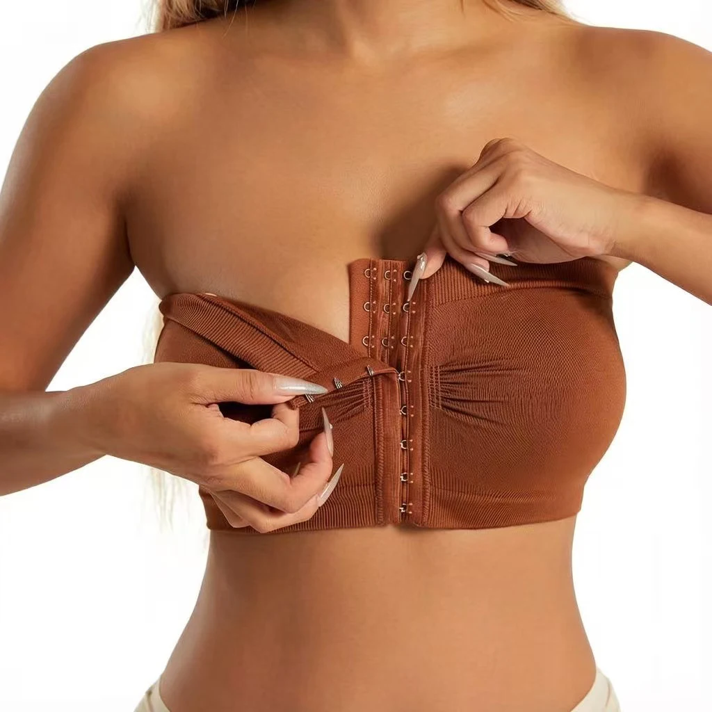 Women's Plus Size Gather Exercise BraStrapless Front Closure Bandeau Bra Seamless Wireless Bralette Tube Top