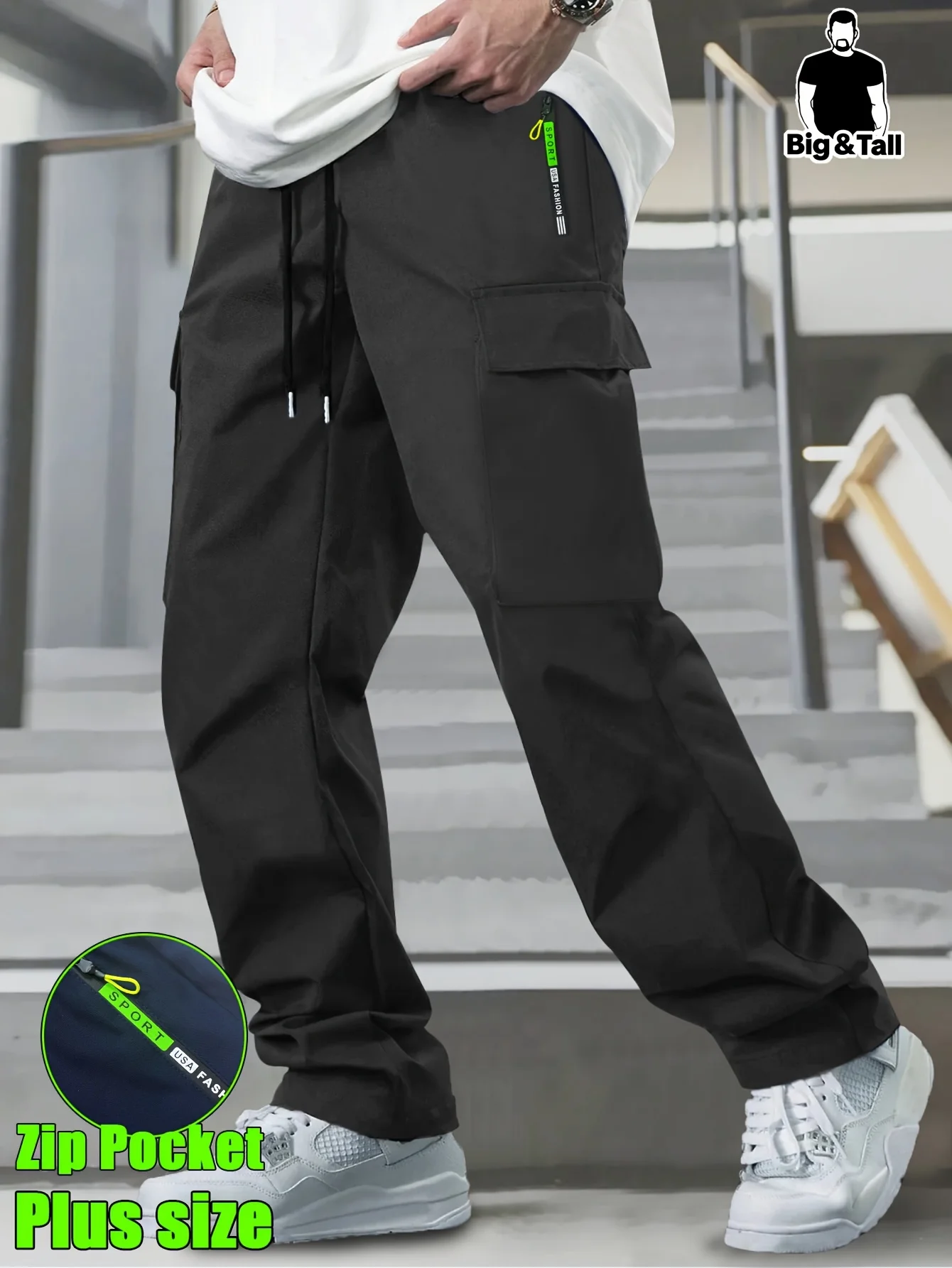 

Men's Plus-size Casual Lightweight Cargo Pants with Drawstring Waist, Zippered Pockets,Large Patch Pockets. Suitable for Outdoor