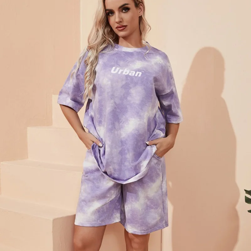 2Piece Suit Women T-Shirt Shorts Set Tie Dye Loose tshirt and wide leg middle shorts with pockets female Casual Soft Summer Sets