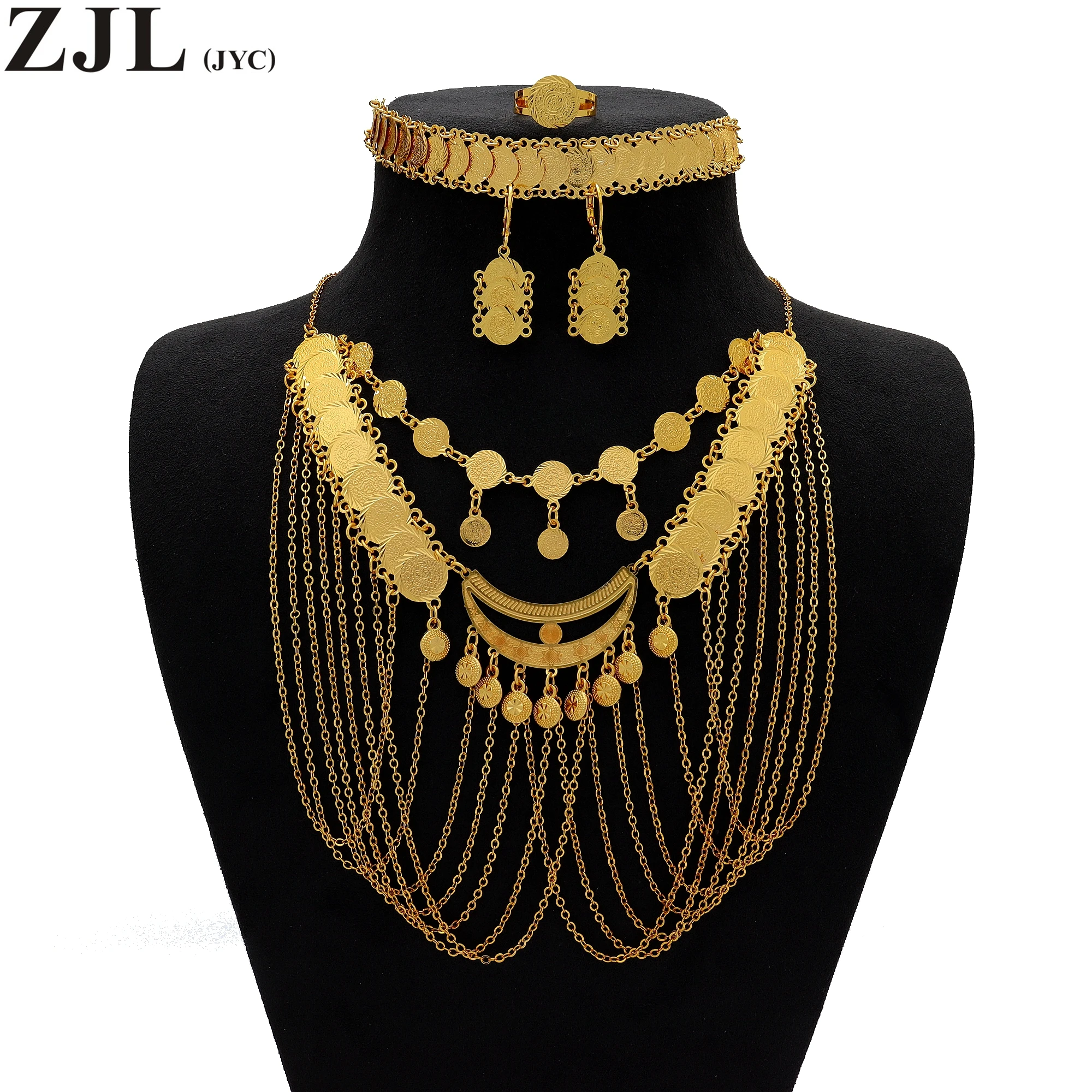 5Pcs Necklace Earrings Bangle Plus Ring 18k Gold Plated Coin With Long Tassel Design Stunning Party Accessories For Female